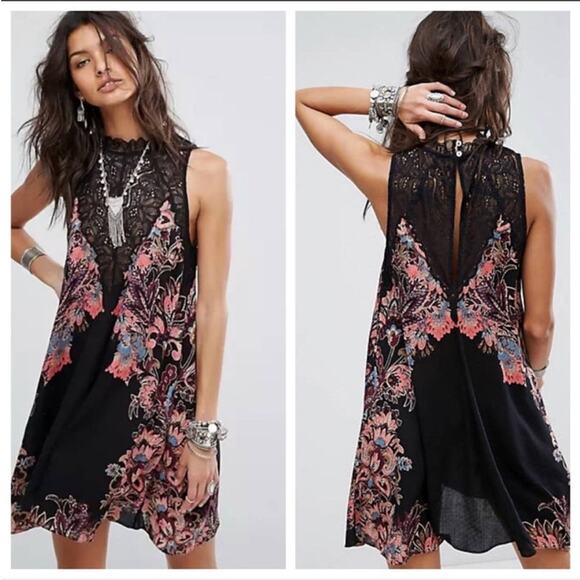Free People Marsha black lace sleeveless mini trapeze dress - Picture 1 of 6